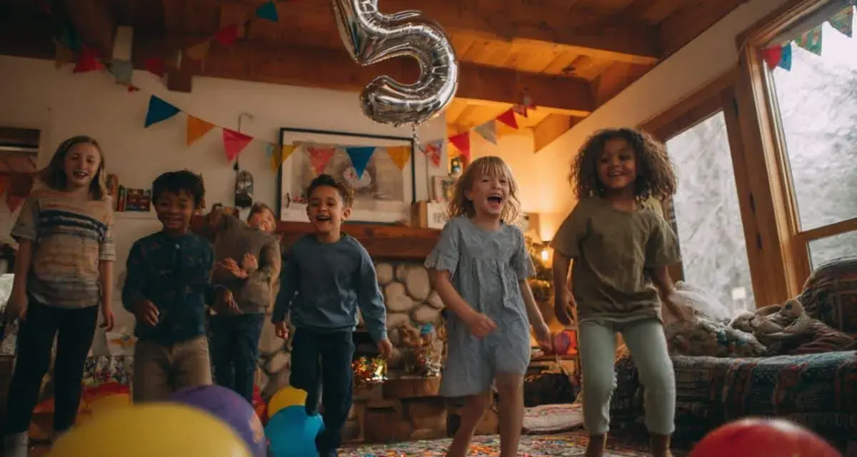 Des enfants sautent de joie lors d'une fête d'anniversaire à domicile, avec un ballon en forme de 5. Une belle idée animation anniversaire à domicile !