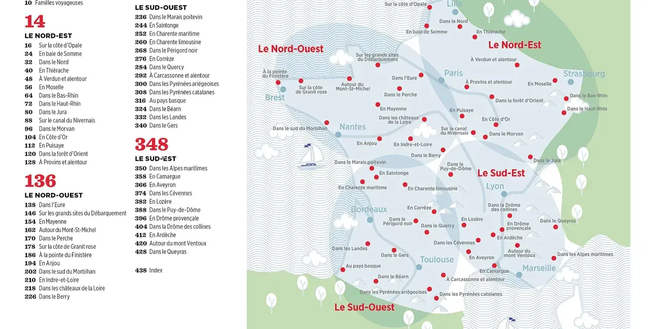 Carte de France avec des régions touristiques et des points d'intérêt, idéale pour une sortie avec les enfants.