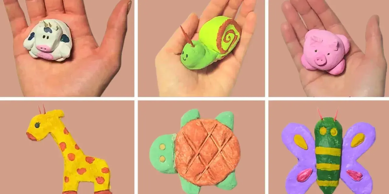 Collection de petits animaux en pâte à sel : vache, escargot, cochon, girafe, tortue et papillon.