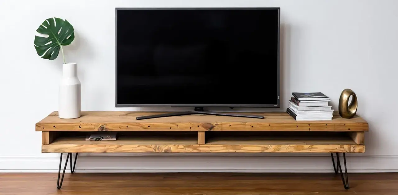Meuble TV DIY en bois brut avec une plante verte dans un vase blanc, une pile de livres et un objet décoratif doré.