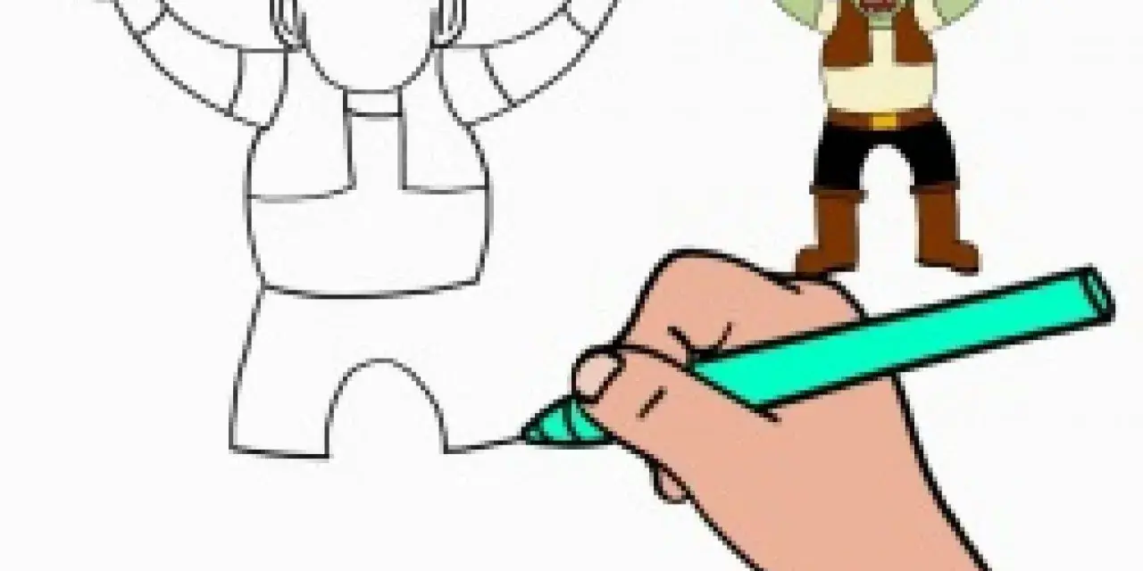 Un dessin ogre facile prend vie ! Une main colorie un croquis d'ogre, tandis qu'un ogre coloré apparaît à côté.