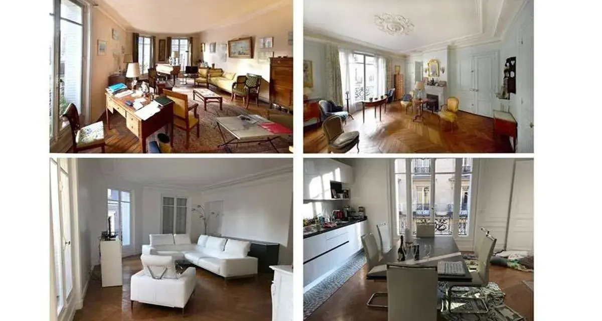 Avant/après rénovation appartement : salon et cuisine transformés, passant d'un style classique à une décoration moderne et épurée.