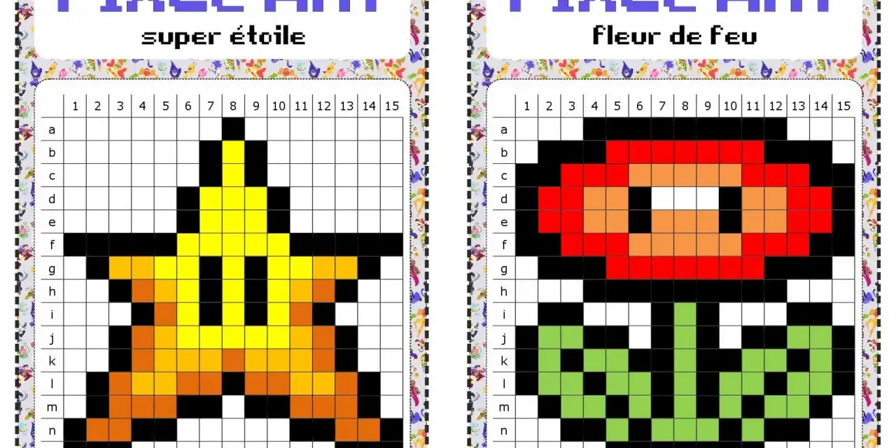 Deux grilles pixel art : une étoile jaune et une fleur de feu rouge, prêtes à être colorées.