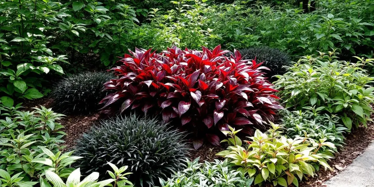 Un jardin luxuriant avec une plante rouge vif au centre, entourée de feuillages verts et sombres. Une scène parfaite de plante extérieur ombre sans entretien.
