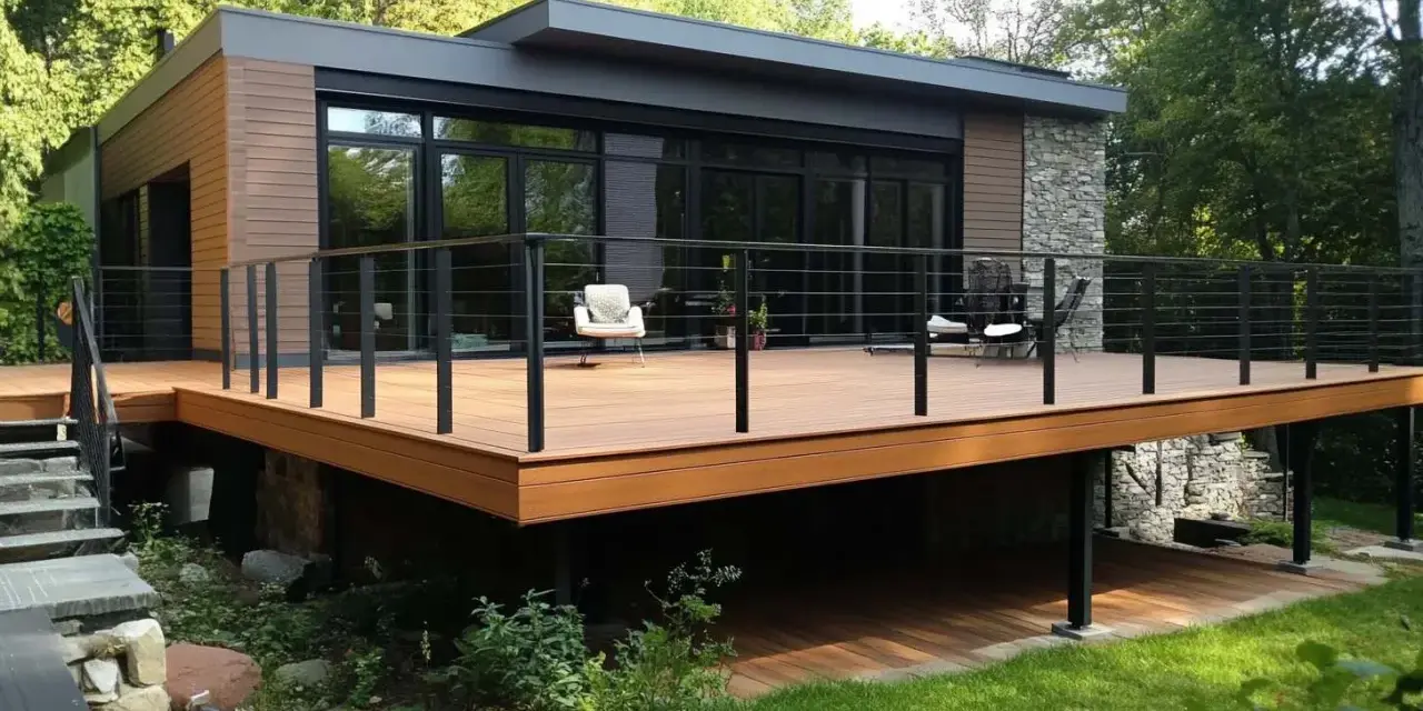 Une **terrasse sur pilotis moderne** s'étend devant une maison aux lignes épurées, offrant un espace extérieur invitant.