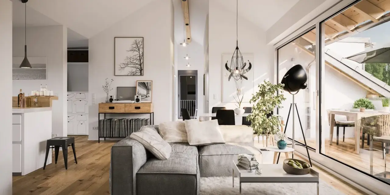 Un salon lumineux et spacieux, parfait pour rénover un vieil appartement. Canapé gris, parquet, et grande baie vitrée donnant sur une terrasse.