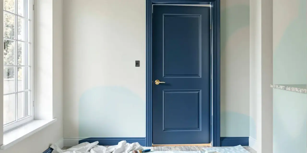 Une porte intérieure bleu marine est peinte, contrastant avec les murs clairs et les touches de bleu pâle. Le projet de peindre porte intérieure 2 couleurs est en cours.