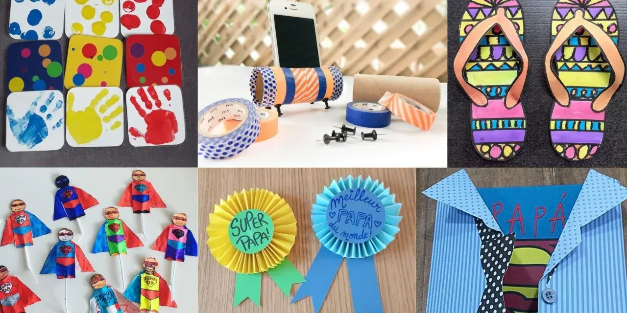 Idées de bricolage anniversaire papa facile : empreintes, super-héros, badges et porte-téléphone.