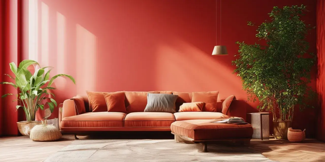 Un salon chaleureux aux murs rouge corail, avec un canapé orange vif et des plantes vertes. Une ambiance qui annonce la couleur tendance 2026.