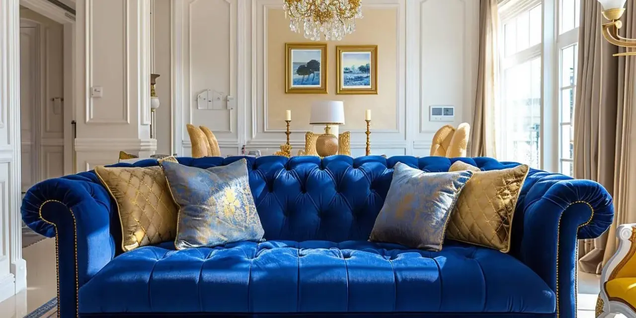 Canapé Chesterfield bleu profond, avec des coussins dorés et bleus. La couleur complémentaire bleu crée une ambiance luxueuse.