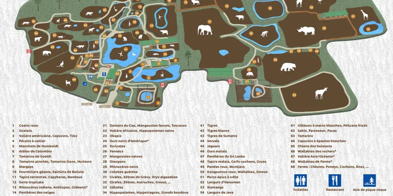 Plan du zoo du Bassin d'Arcachon : découvrez les enclos des animaux, des tigres aux éléphants, et repérez les services pour votre visite.