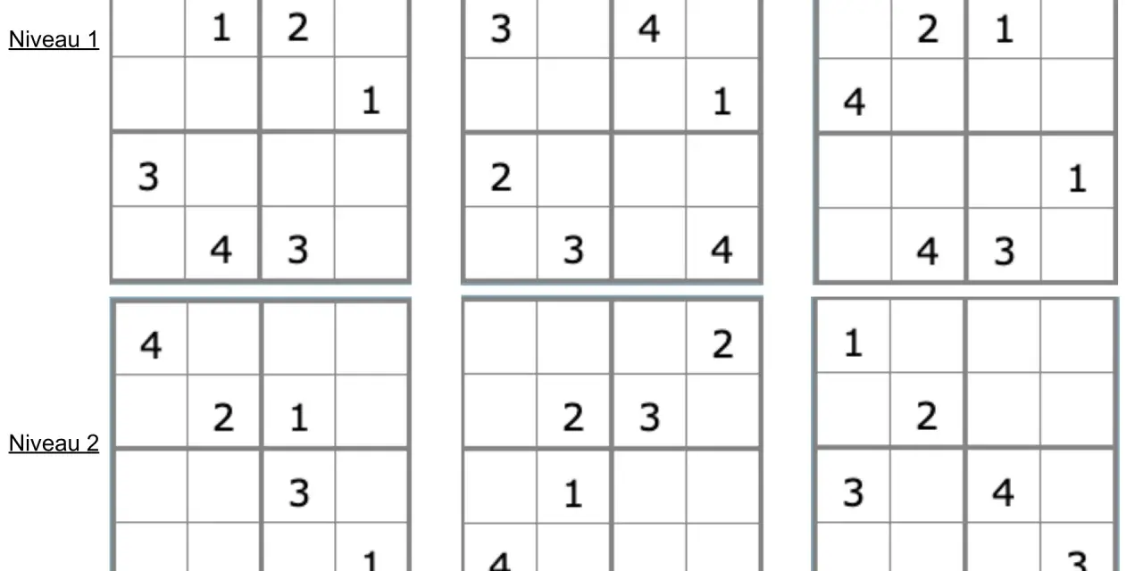 Grilles de sudoku enfant à imprimer, niveaux 1 et 2. Des puzzles simples pour s'amuser avec les chiffres.
