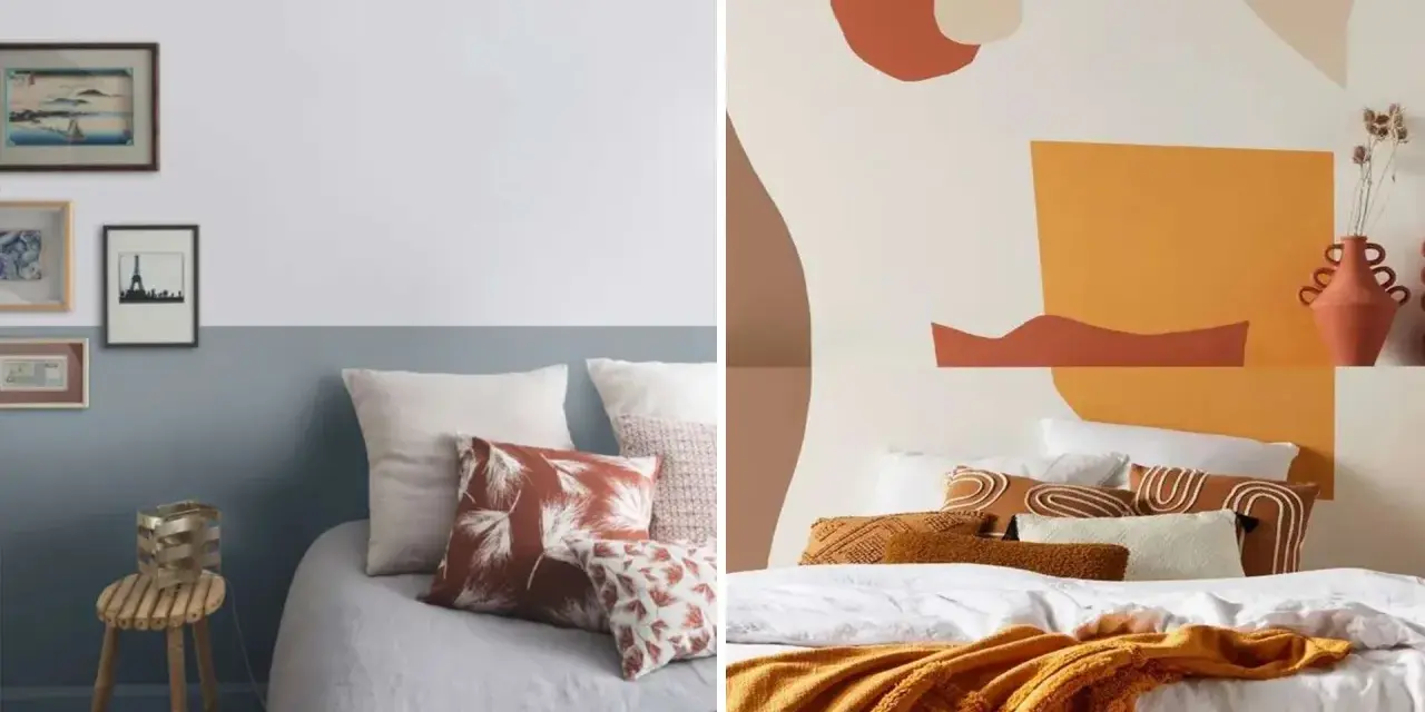 Deux chambres avec des têtes de lit en peinture. L'une est bleue et blanche avec des cadres, l'autre est abstraite et colorée.