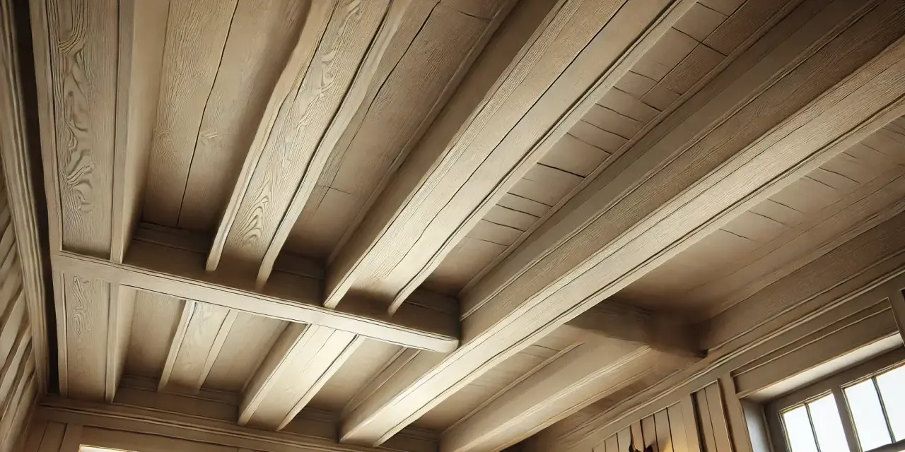 Plafond en bois avec poutres peintes couleur lin, créant une ambiance chaleureuse et rustique.