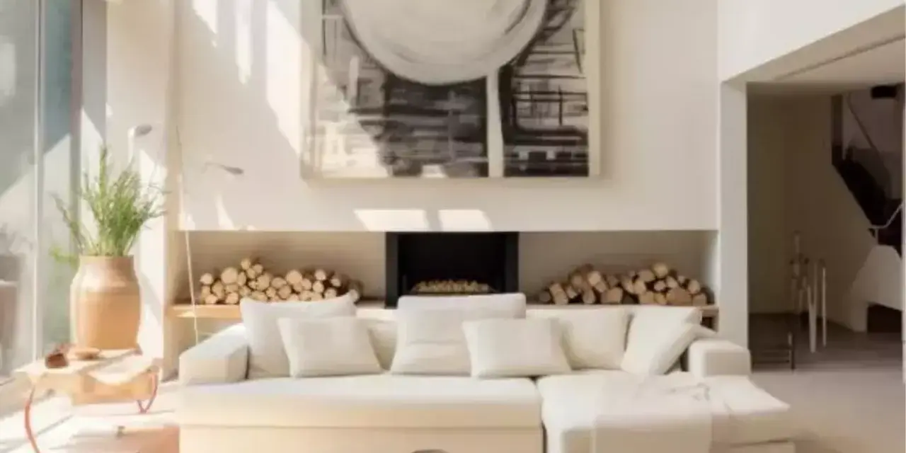 Un **salon beige et blanc** lumineux avec un grand canapé, une cheminée ornée de bois et une œuvre d'art abstraite.