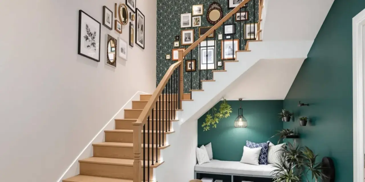 Escalier moderne avec mur de cadres et papier peint graphique. Une banquette confortable sous l'escalier, une belle idee couleur cage escalier.