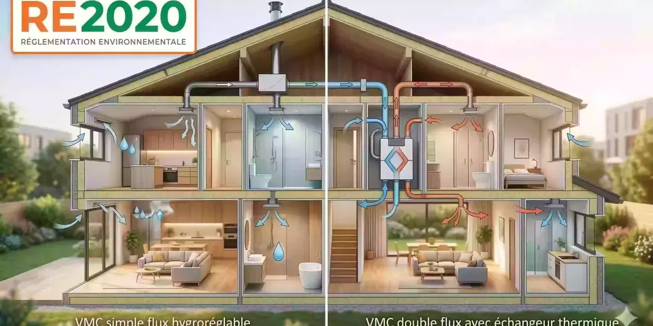Comparaison VMC simple flux hygroréglable et VMC double flux avec échangeur thermique dans une maison RE2020.