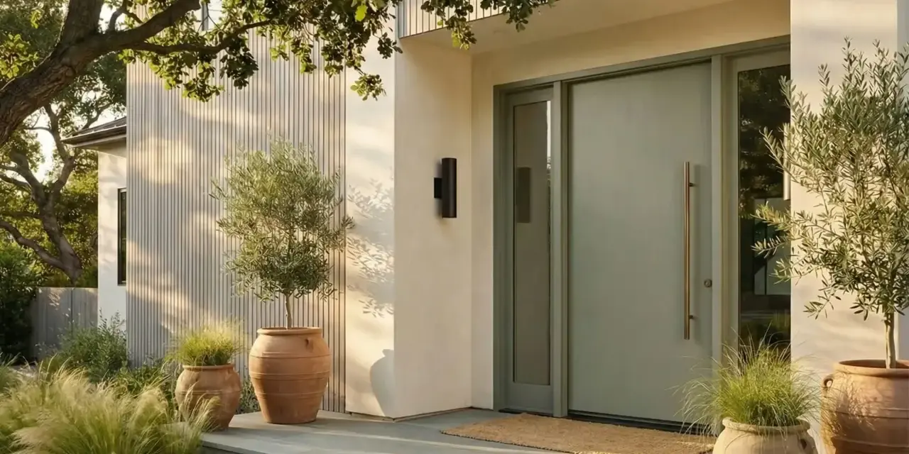 Porte d'entrée moderne couleur sauge, avec des oliviers en pot et des graminées. L'architecture épurée et la lumière douce créent une ambiance accueillante.