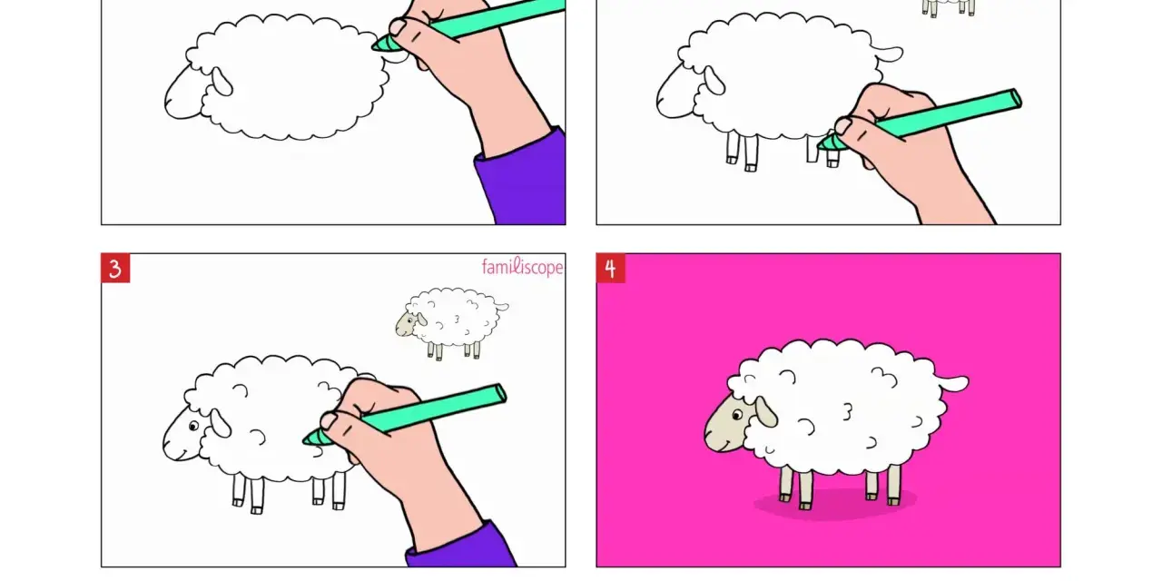Étapes pour dessiner un mouton : un corps floconneux, des pattes, une tête, puis le mouton est terminé sur fond rose.