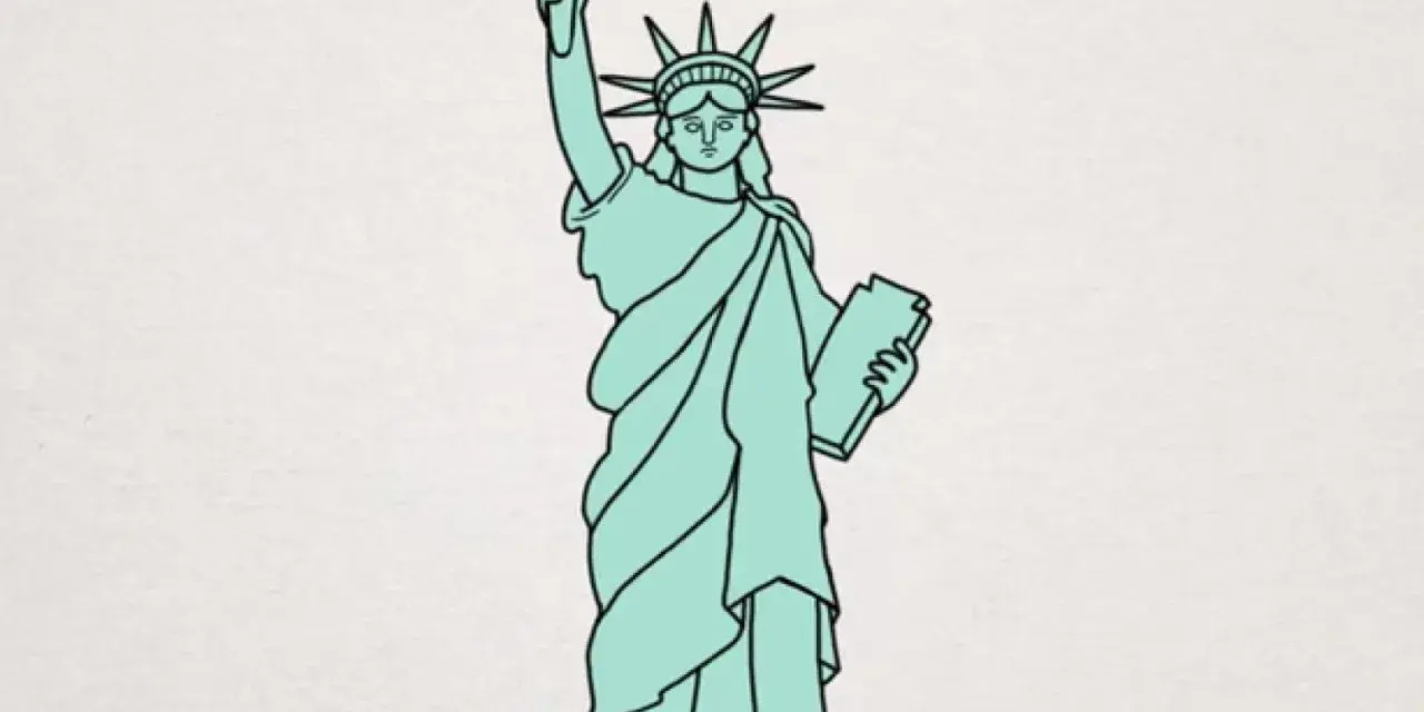 Statue de la Liberté, un dessin facile et stylisé, tenant sa torche et une tablette.