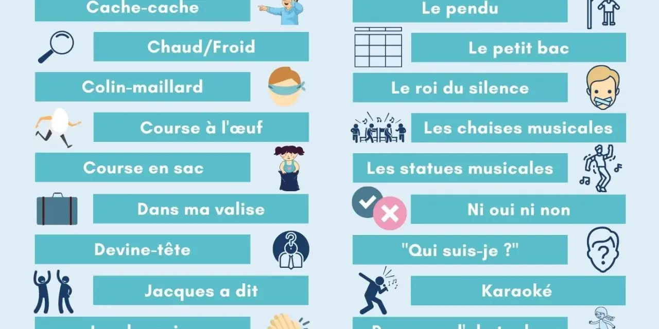 Liste de 20 jeux pour une **activité intérieur enfant** : cache-cache, le pendu, course en sac, les chaises musicales, et bien d'autres pour s'amuser.