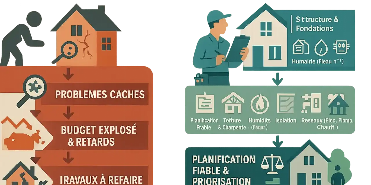 Diagnostic d'une rénovation maison ancienne : le mauvais diagnostic révèle des problèmes cachés, un budget explosé et des travaux à refaire. Le bon diagnostic assure une planification fiable.