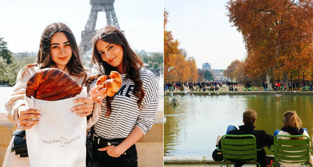 Deux femmes savourent des croissants devant la Tour Eiffel, un clin d'œil à la gourmandise sur la rue de Rivoli. À droite, des couples profitent d'un après-midi d'automne au Jardin des Tuileries.