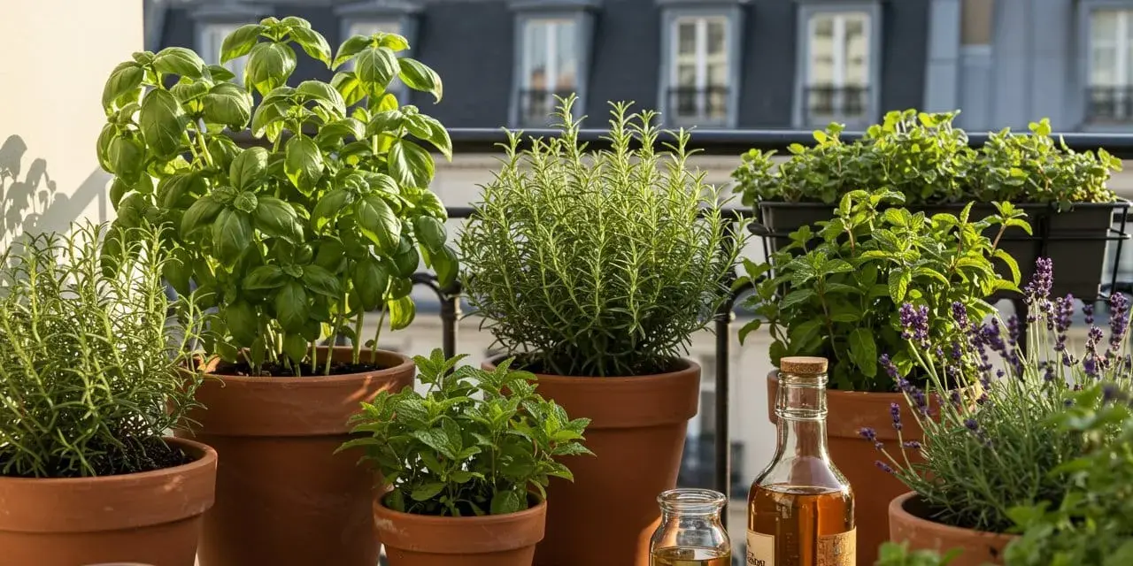 Un balcon parisien fleuri de plantes aromatiques : basilic, romarin, menthe, lavande. Huiles essentielles prêtes à l'emploi.