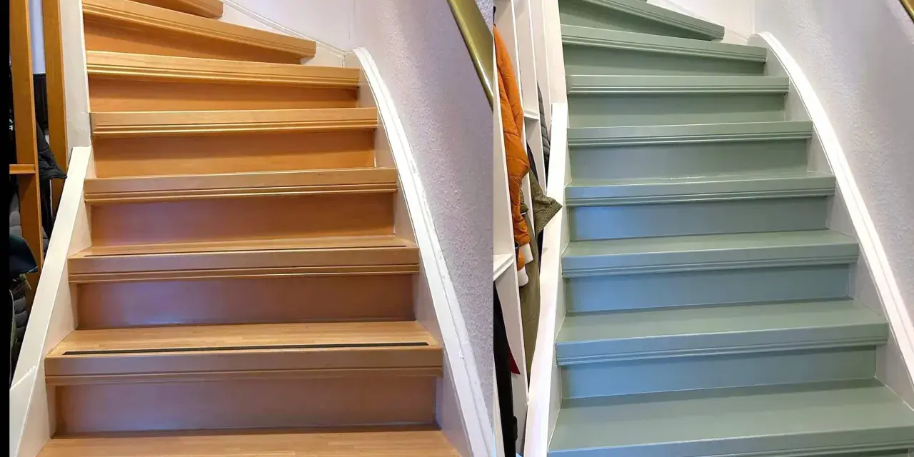 Avant/après : un escalier en bois naturel transformé par un coup de pinceau vert sauge. Un projet de peindre escalier bois réussi.