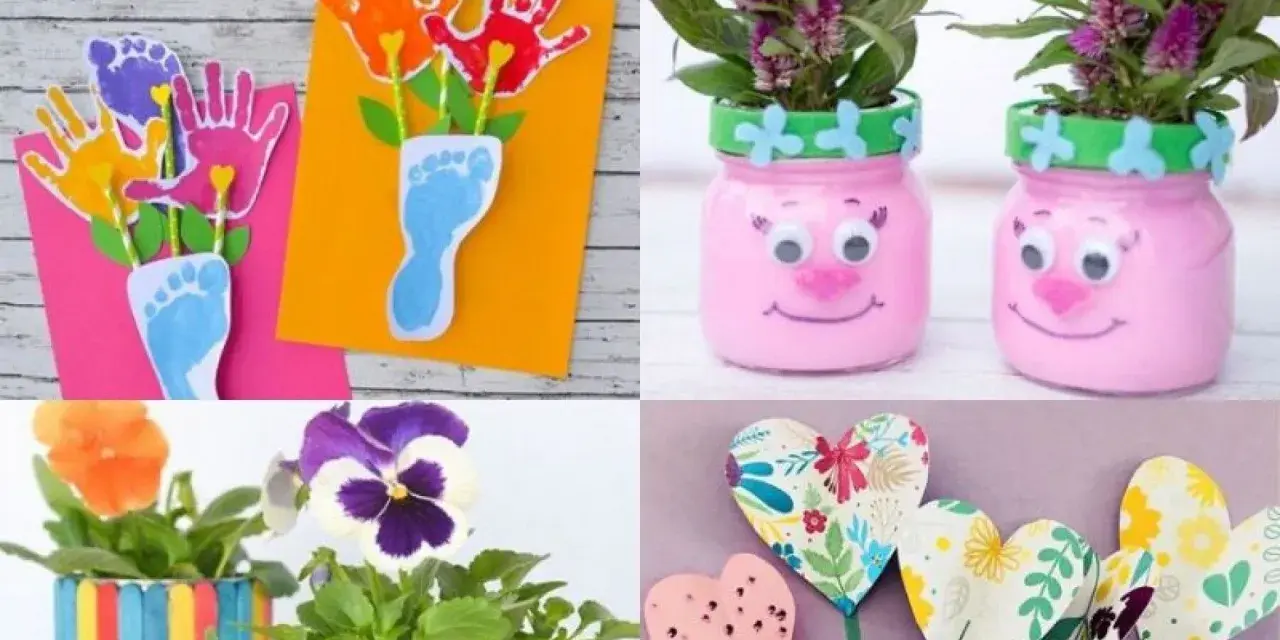 Idées de bricolage fête des mères pour tout petit : cartes empreintes de mains et pieds, pots de fleurs rigolos, décorations en cœur.