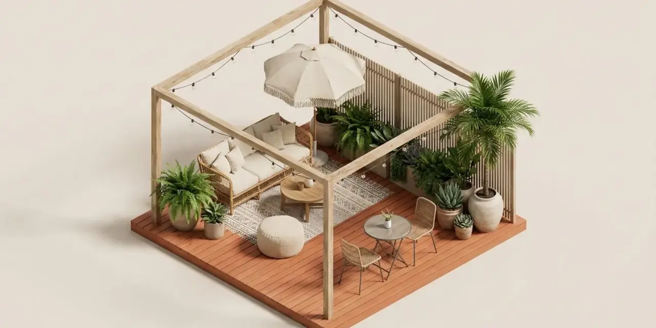 Aménager une petite terrasse sans se ruiner : un salon de jardin cosy avec canapé, table basse, fauteuils, parasol et plantes luxuriantes sous guirlandes lumineuses.