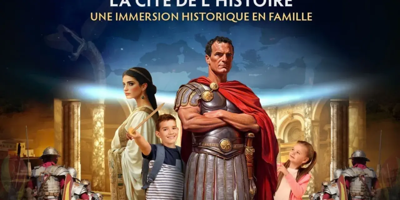 La Cité de l'Histoire : une famille romaine, un enfant brandissant une épée, et des légionnaires. Une immersion historique pour tous.