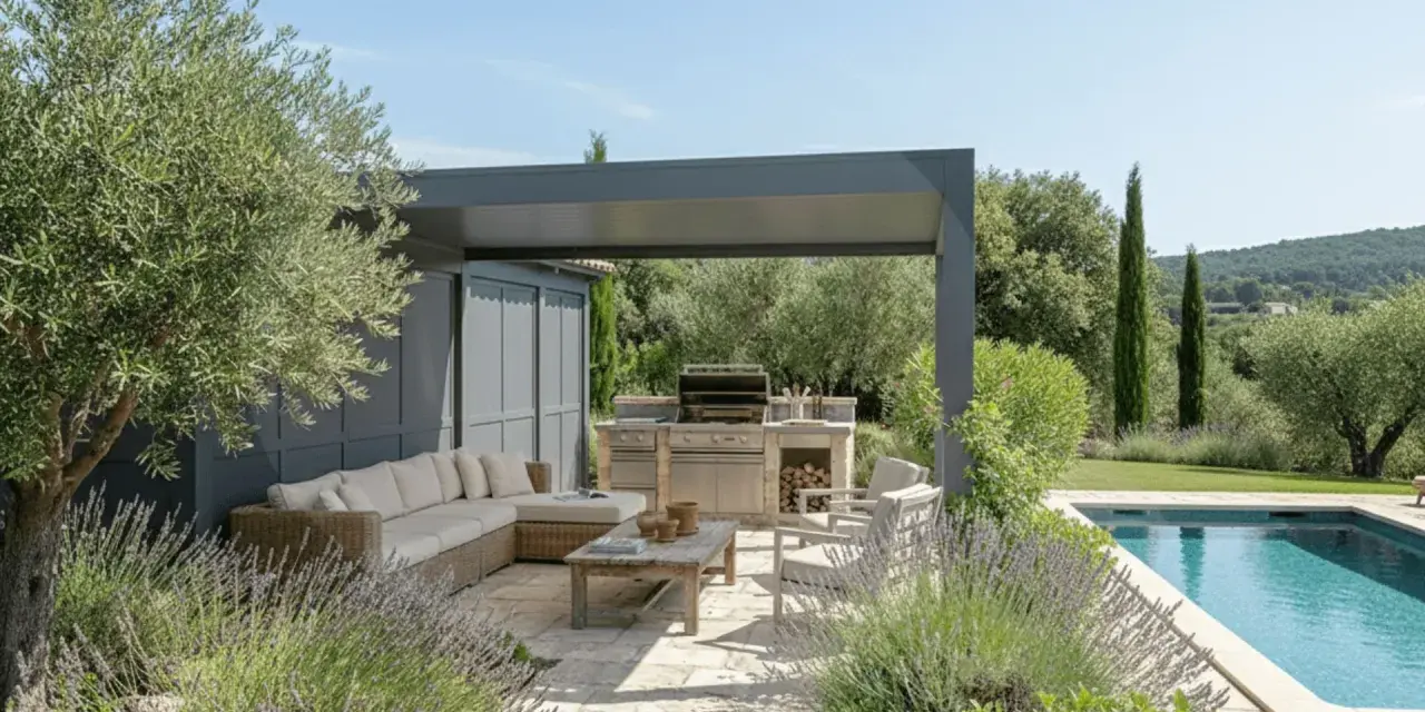 Un élégant pool house provençal avec salon extérieur, cuisine d'été et piscine, entouré d'oliviers et de lavande.