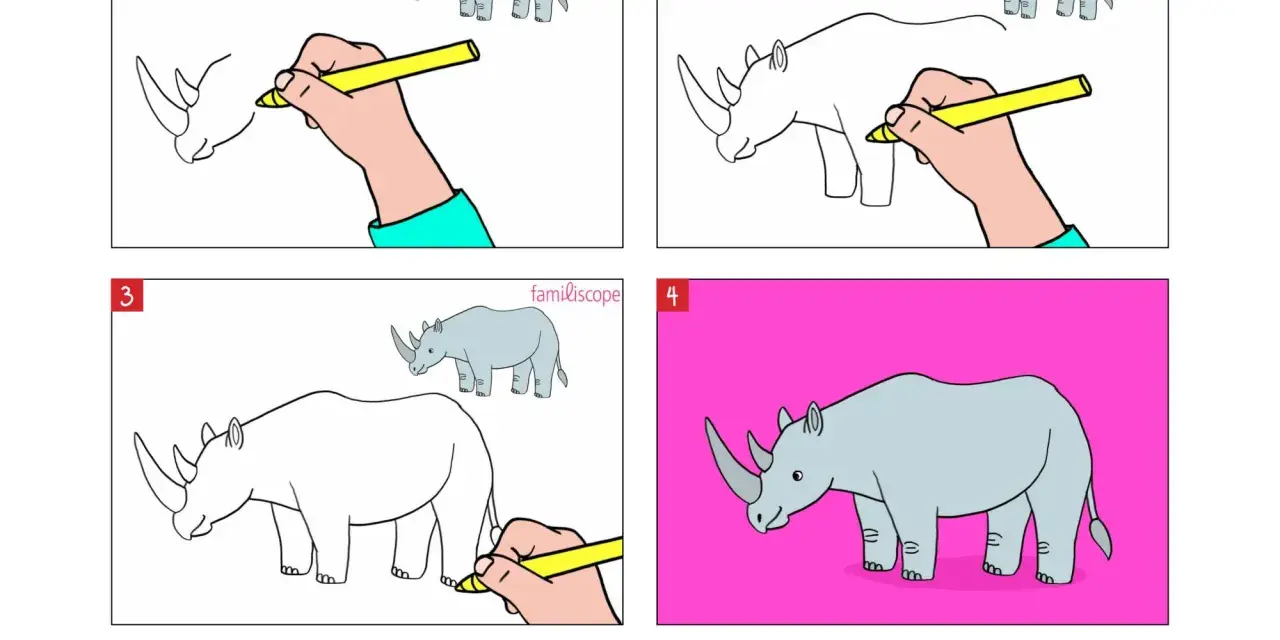 Étapes pour un rhinocéros dessin facile : une main dessine le contour, puis ajoute les détails et colore le rhinocéros sur fond rose.