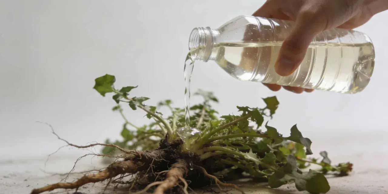 Une main verse un liquide d'une bouteille sur les racines d'une plante arrachée. C'est un désherbant naturel qui tue les racines.