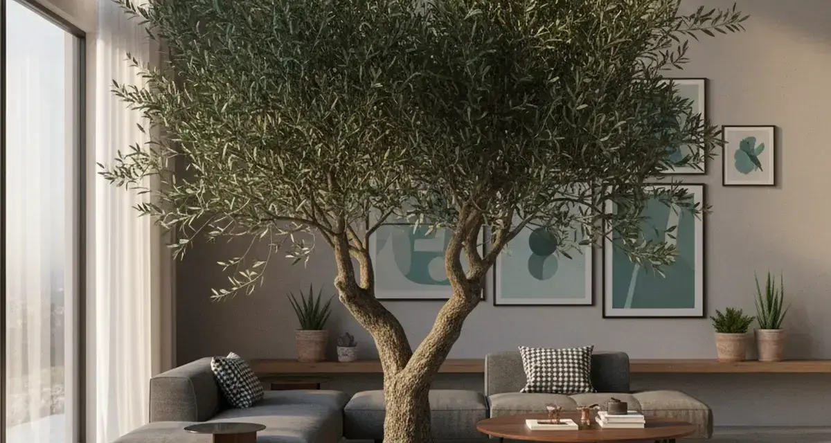 Un grand olivier en pot intérieur trône au milieu d'un salon moderne. Des canapés gris, des tableaux abstraits et une grande fenêtre complètent la scène.