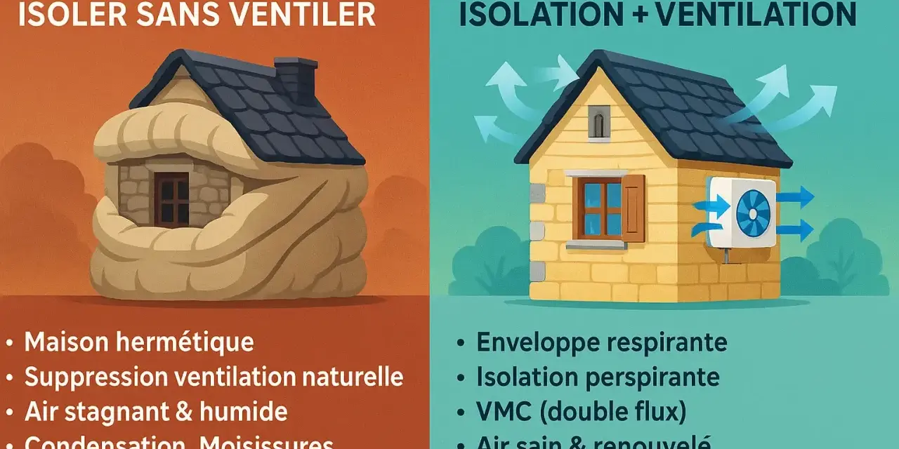Maison étouffée par l'isolation sans ventilation, cause de problèmes. La solution : isolation et ventilation pour une rénovation toiture ancienne saine.