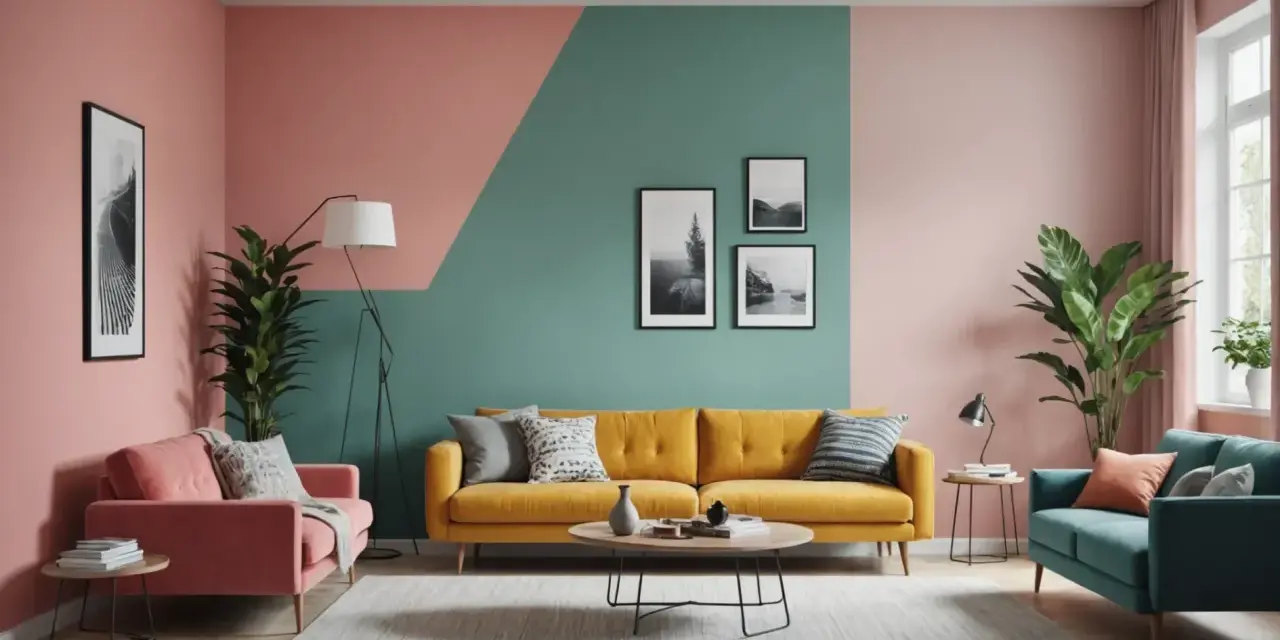 Salon moderne avec un mur deux couleurs différentes : rose poudré et vert d'eau. Canapés colorés et plantes vertes.