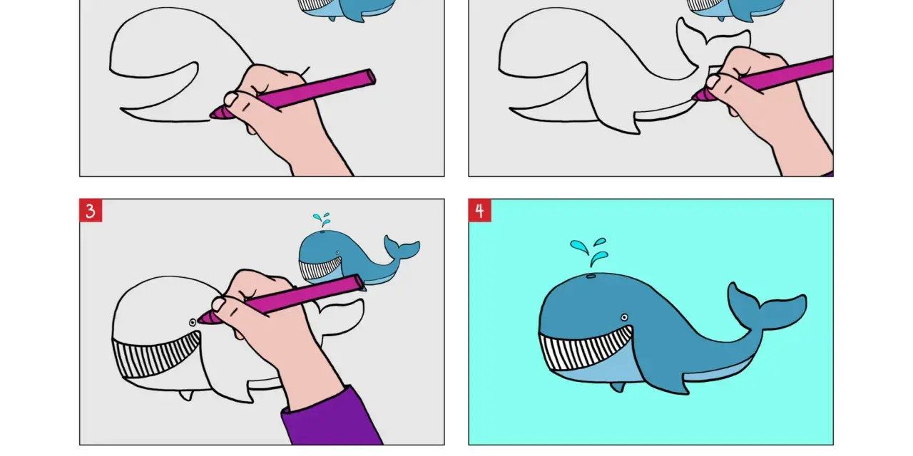 Étapes pour un dessin baleine bleue facile : une main colorie une baleine, puis la termine.