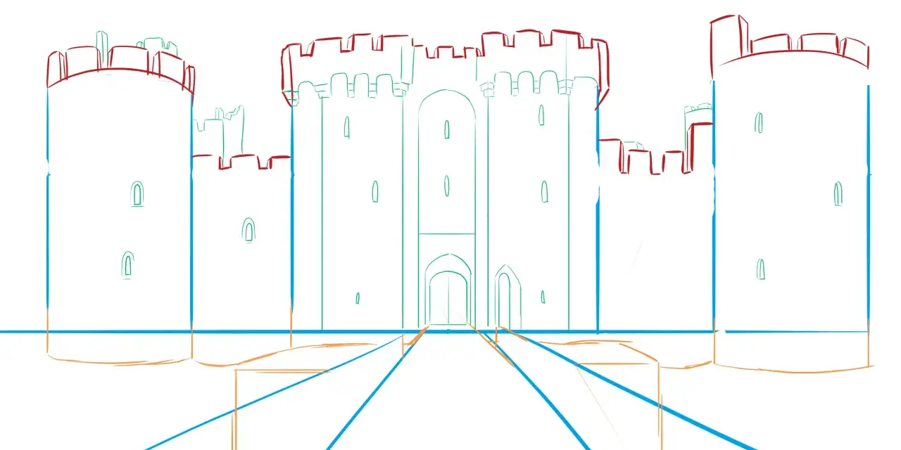 Esquisse d'un dessin de château fort avec des tours et des remparts, le chemin d'accès est marqué par des lignes bleues et oranges.