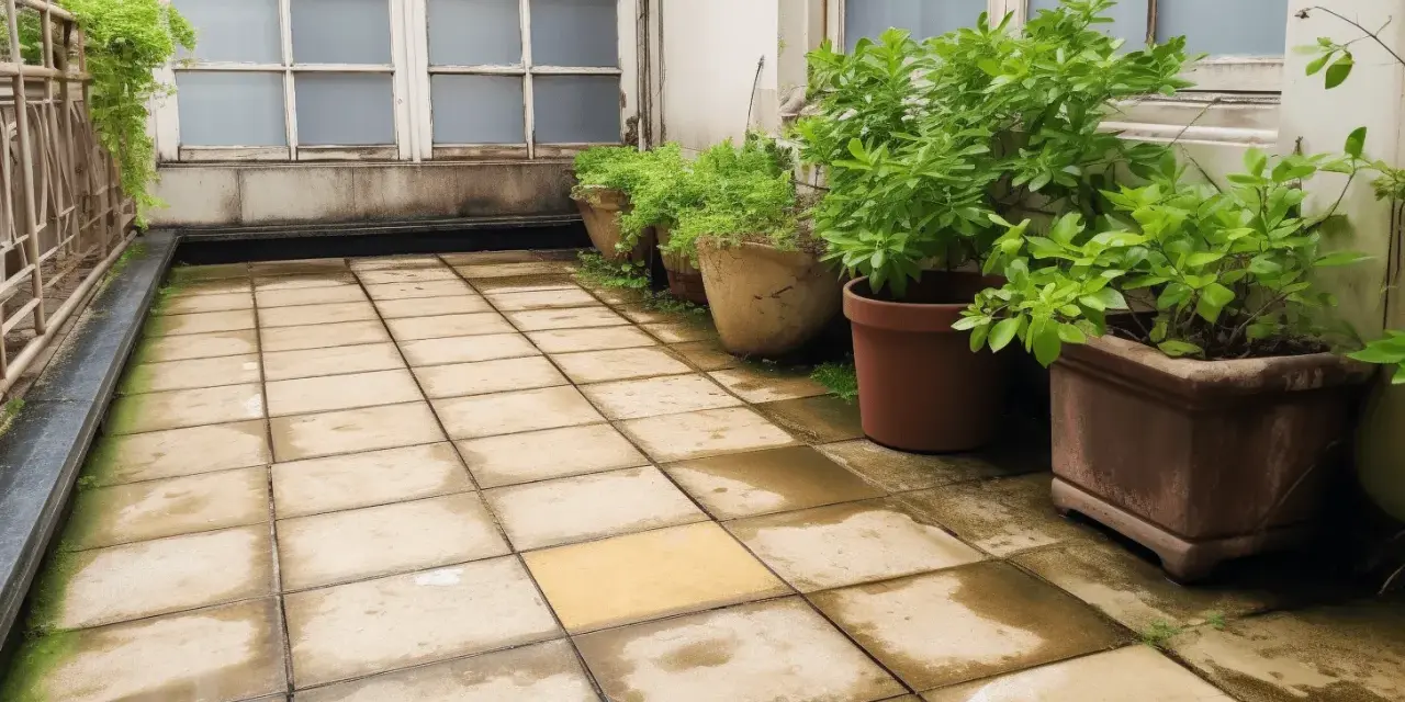 Des plantes vertes dans des pots ornent une terrasse carrelée, une idée pour comment recouvrir une terrasse abîmée.