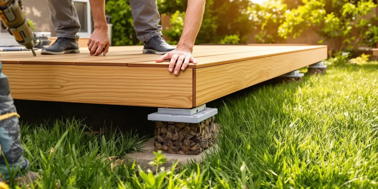 Construction d'une terrasse en bois sur pelouse. Des mains ajustent les lames d'une nouvelle terrasse sur des supports.