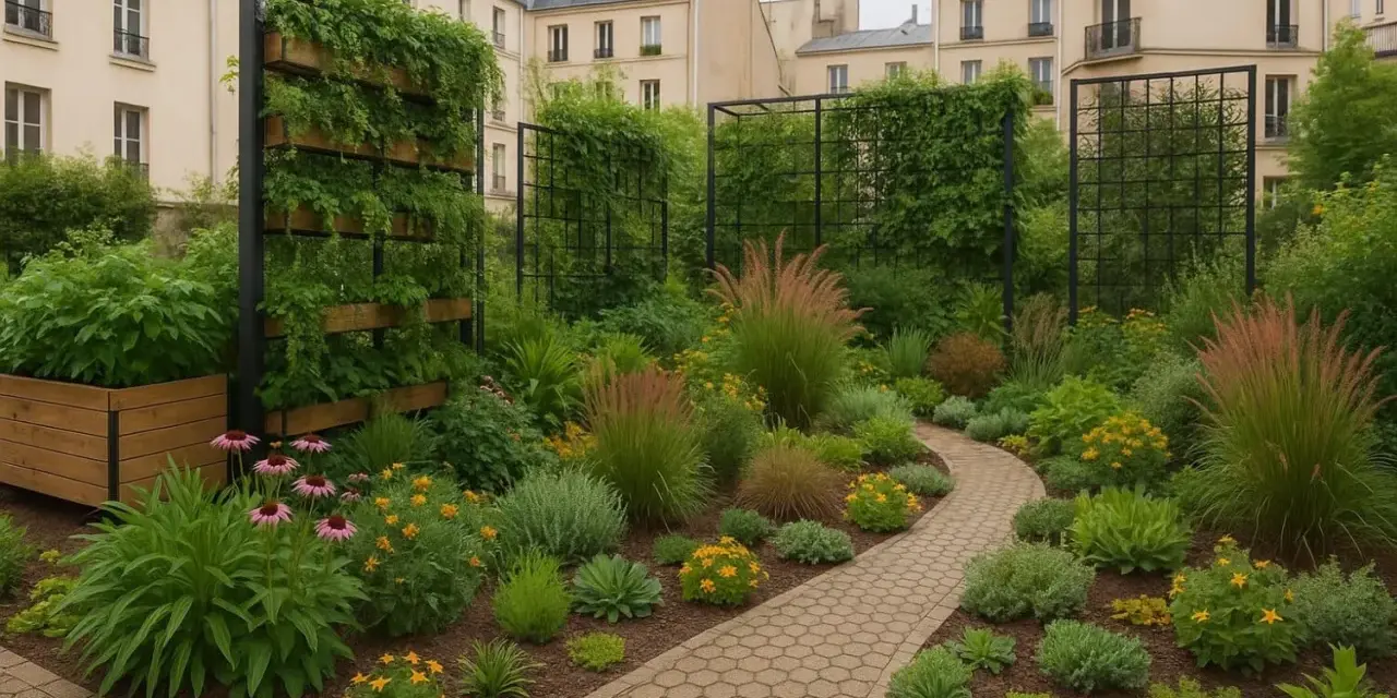 Un petit jardin de ville luxuriant avec un chemin sinueux, des plantes vertes, des graminées et des fleurs roses et jaunes, entouré d'immeubles.