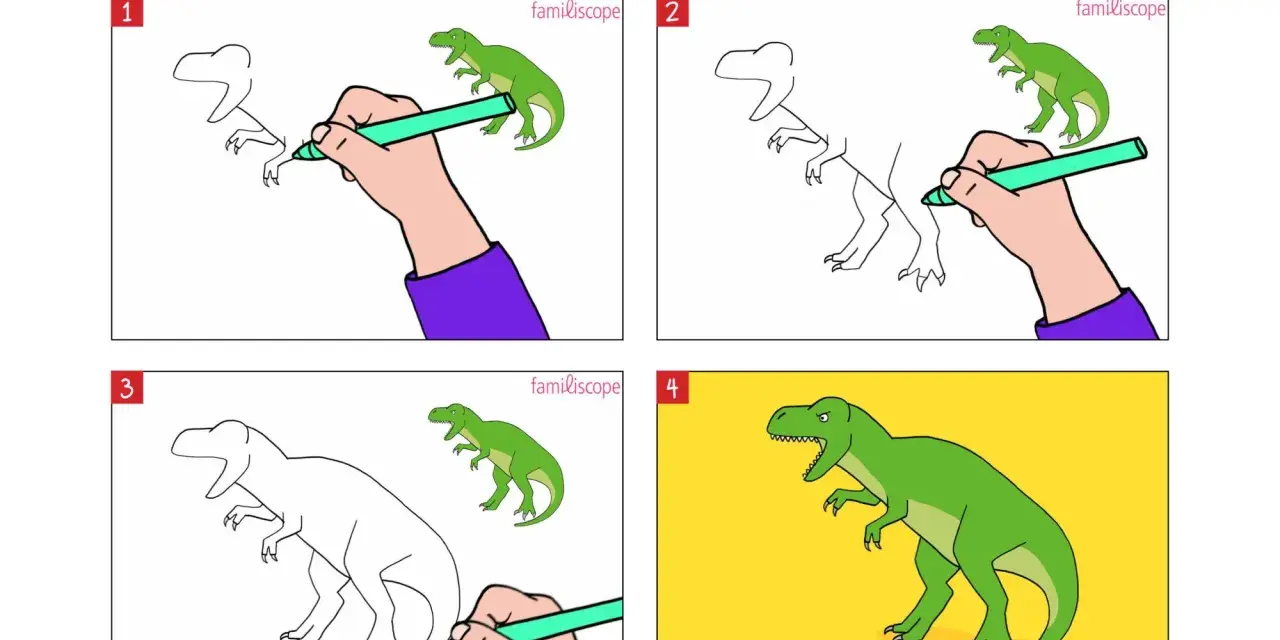 Étapes pour un tyrannosaure dessin facile : une main dessine un dinosaure vert, étape par étape, pour un résultat final impressionnant.