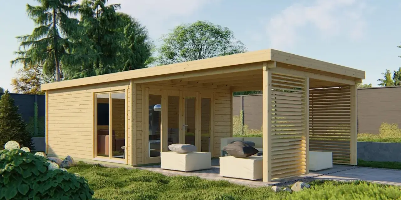 Aménagement intérieur d'une cabane en bois moderne avec salon extérieur invitant.