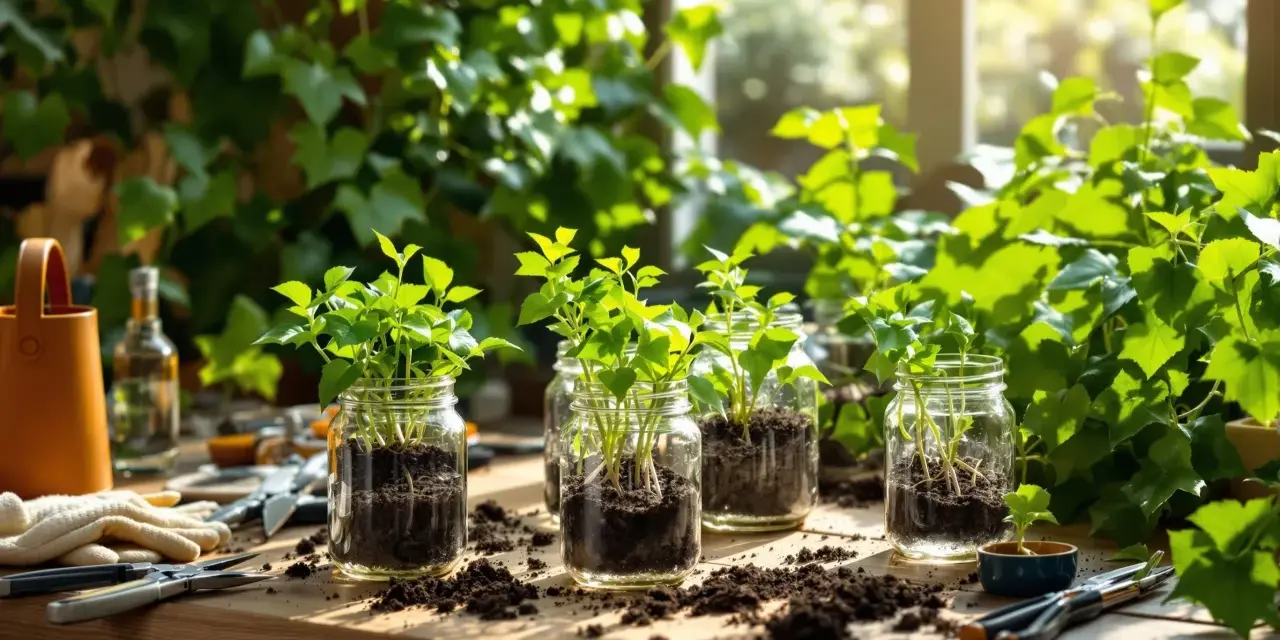 Jeunes pousses de lierre en pot dans des bocaux en verre, sur une table en bois, avec des outils de jardinage.