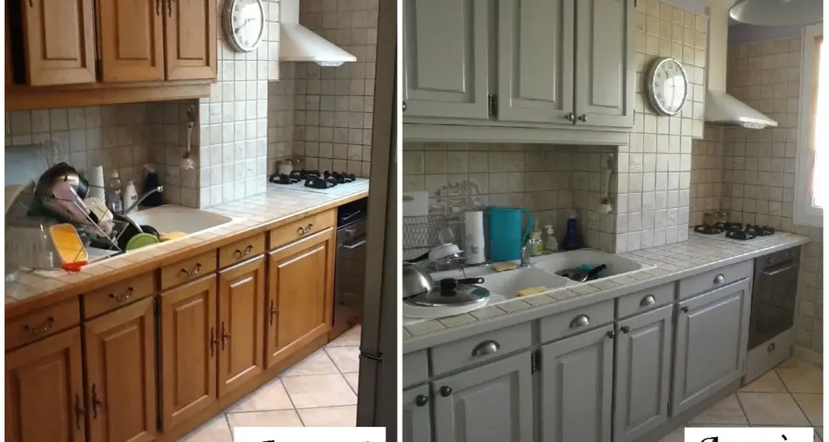 Avant/Après : une cuisine ancienne rénovée. Les meubles en bois brut ont été peints en gris clair, donnant un coup de jeune à l'ensemble.