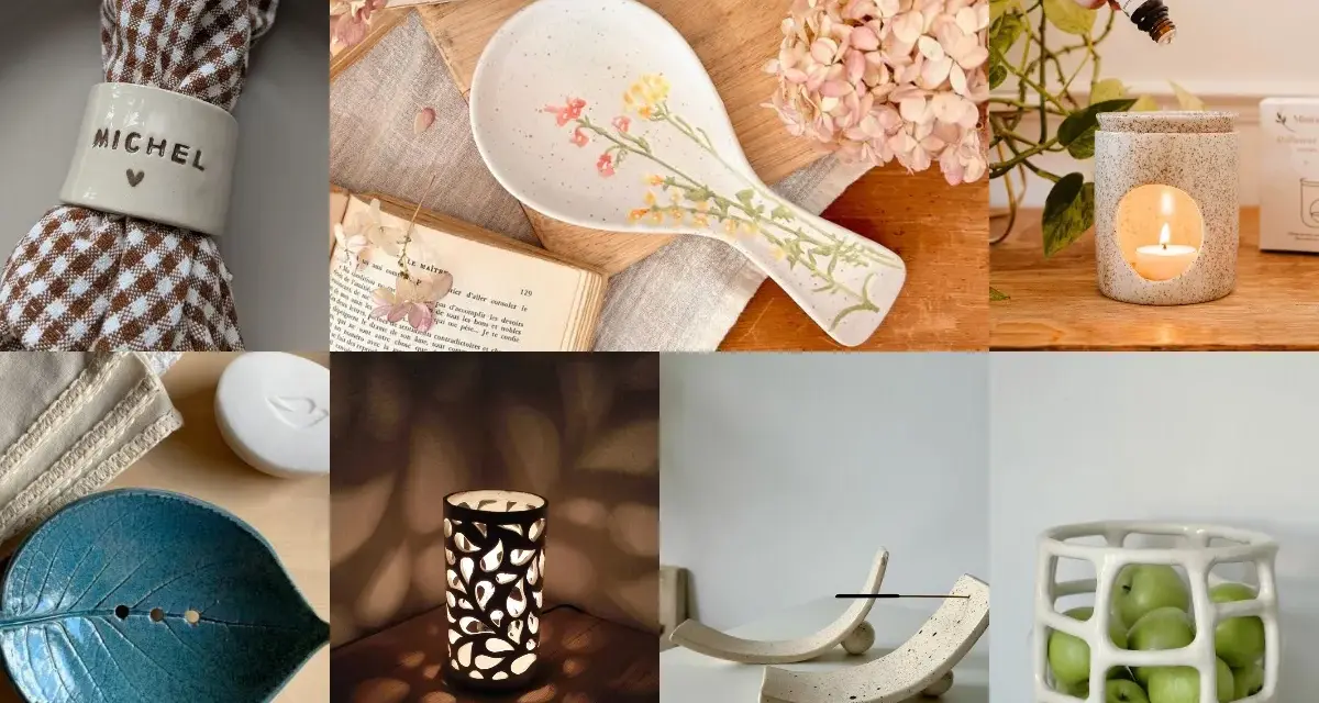 Idée poterie sans tour : porte-serviette personnalisé, cuillère décorée, diffuseur, porte-savon feuille, photophore ajouré, repose-baguette, corbeille à fruits.