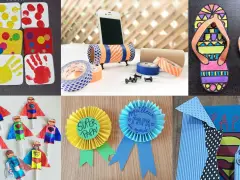 Idées de bricolage anniversaire papa facile : empreintes, super-héros, badges et porte-téléphone.