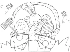 Un adorable lapin tient une carotte dans un panier rempli d'œufs décorés. Un panneau "Joyeuses Pâques" et des papillons complètent ce dessin de Pâques.